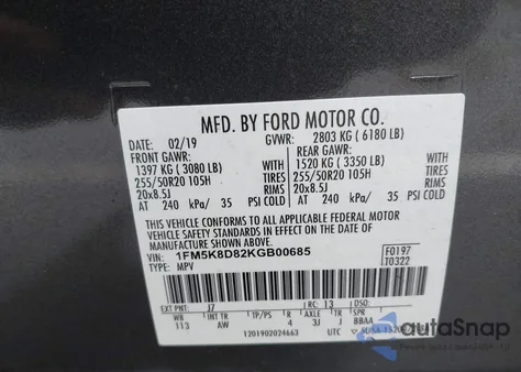 2019 Ford Explorer Xlt из США, поврежденный, VIN 1FM5K8D82KGB00685